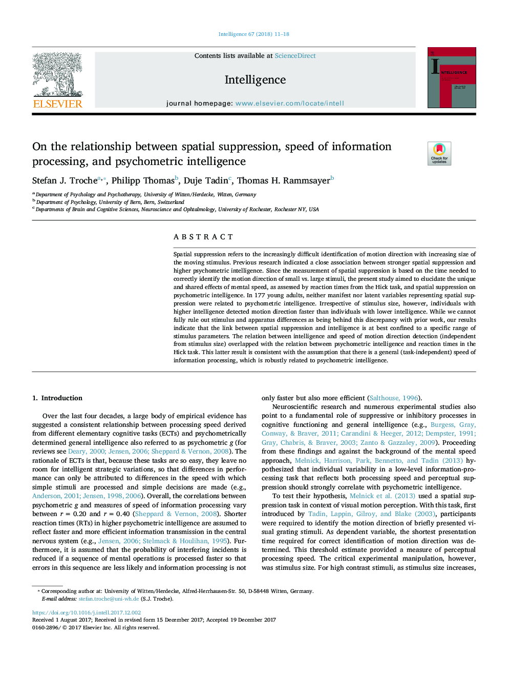 On the relationship between spatial suppression, speed of information processing, and psychometric intelligence