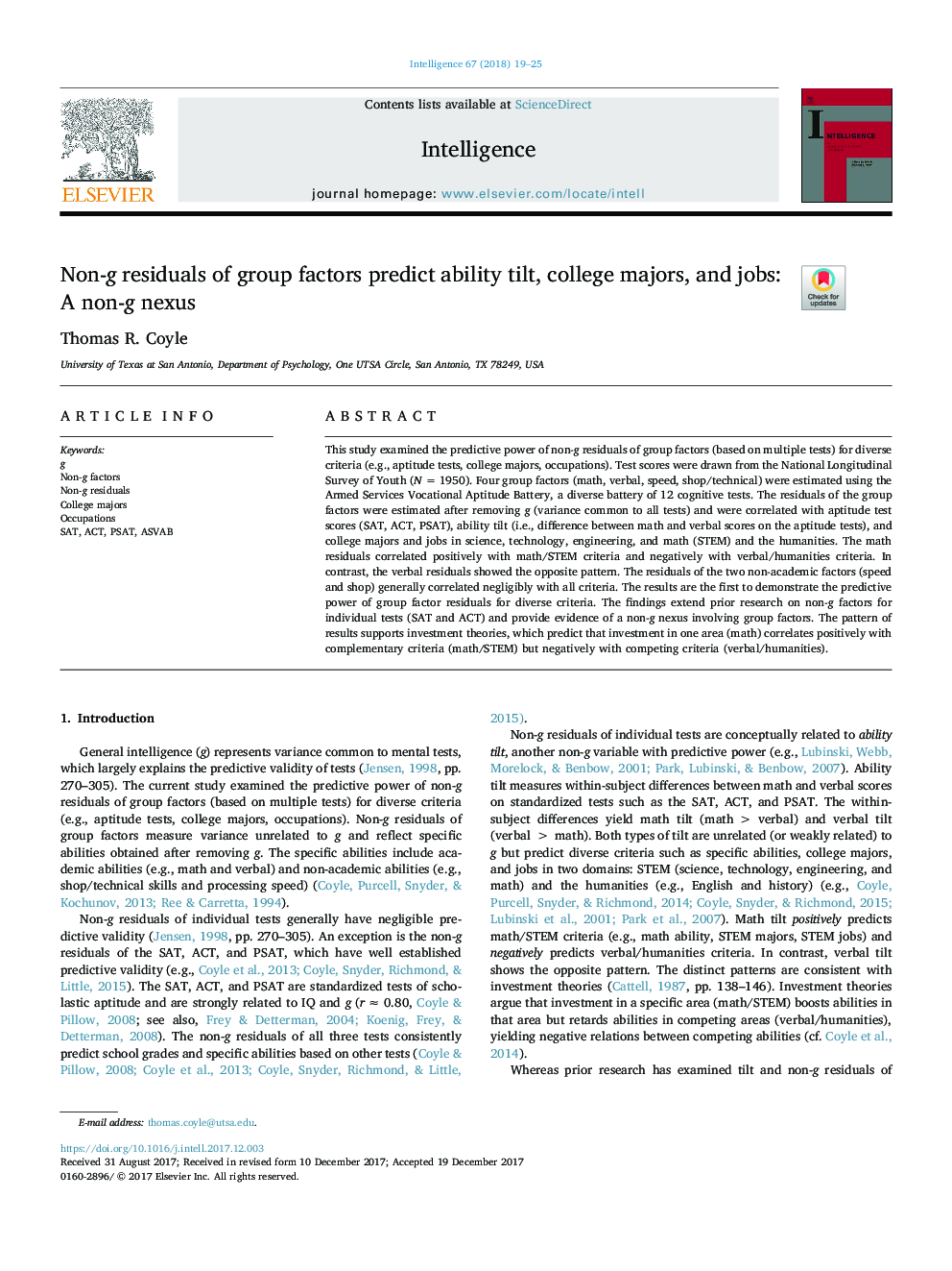 Non-g residuals of group factors predict ability tilt, college majors, and jobs: A non-g nexus