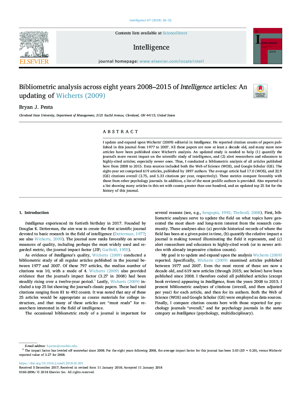 Bibliometric analysis across eight years 2008-2015 of Intelligence articles: An updating of Wicherts (2009)