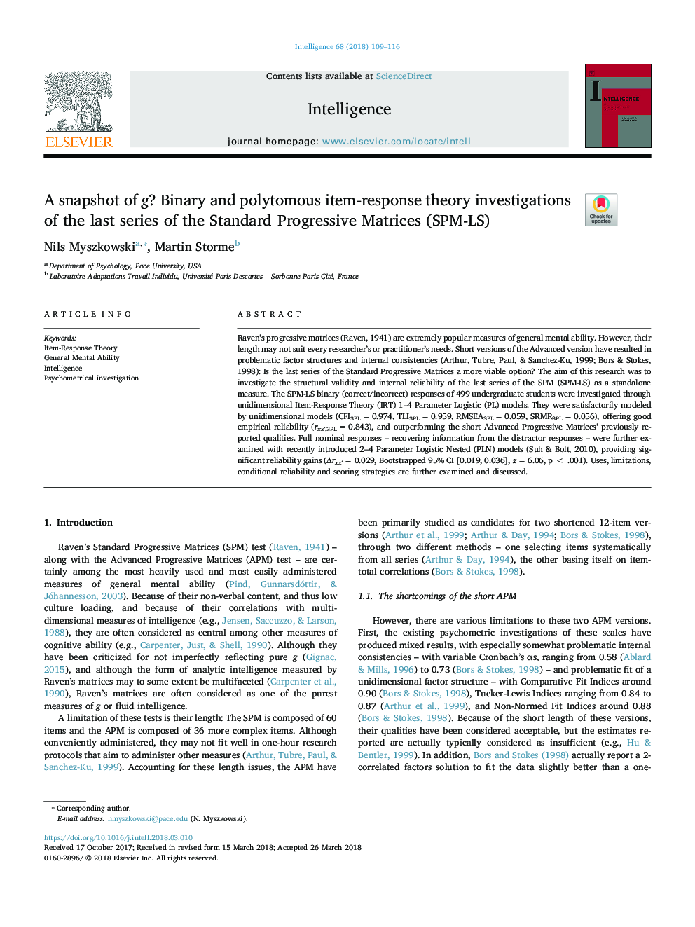 A snapshot of g? Binary and polytomous item-response theory investigations of the last series of the Standard Progressive Matrices (SPM-LS)