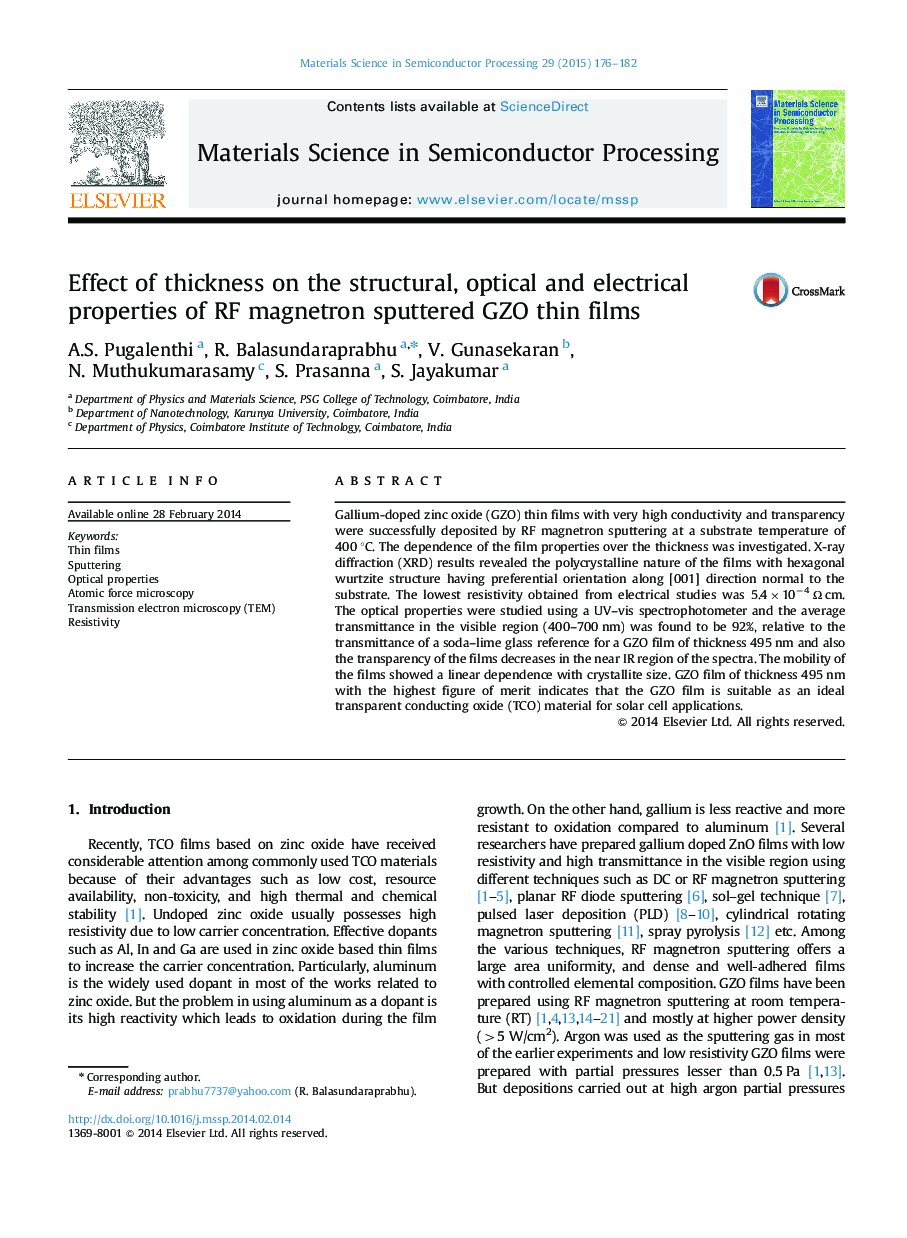 Effect of thickness on the structural, optical and electrical properties of RF magnetron sputtered GZO thin films