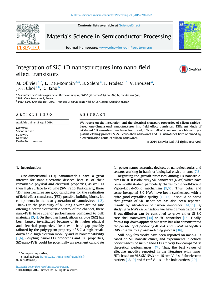 Integration of SiC-1D nanostructures into nano-field effect transistors