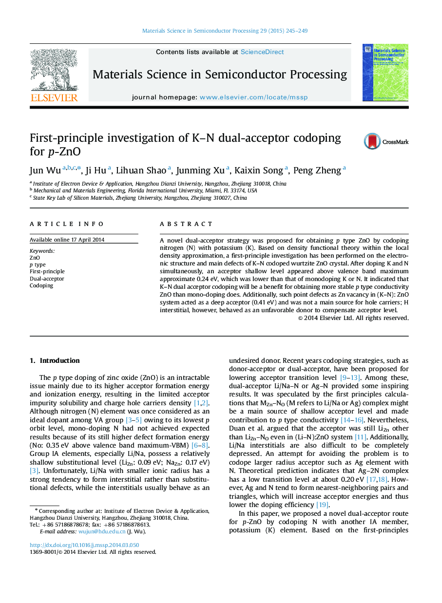 First-principle investigation of K–N dual-acceptor codoping for p-ZnO