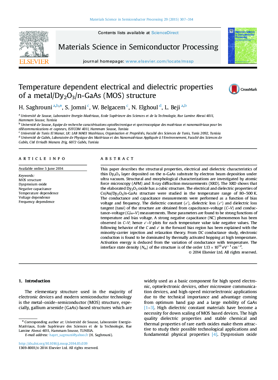 Temperature dependent electrical and dielectric properties of a metal/Dy2O3/n-GaAs (MOS) structure