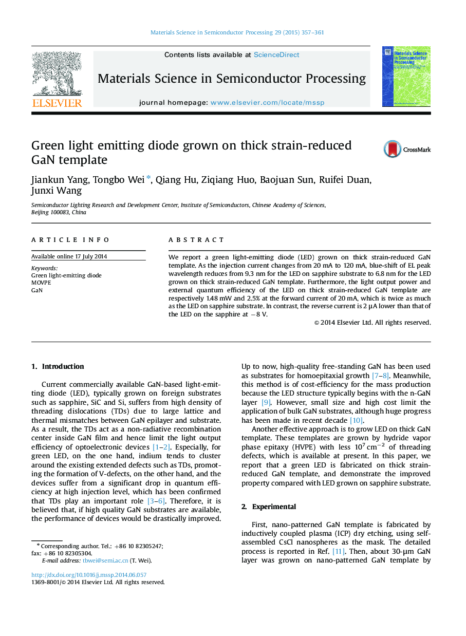 Green light emitting diode grown on thick strain-reduced GaN template