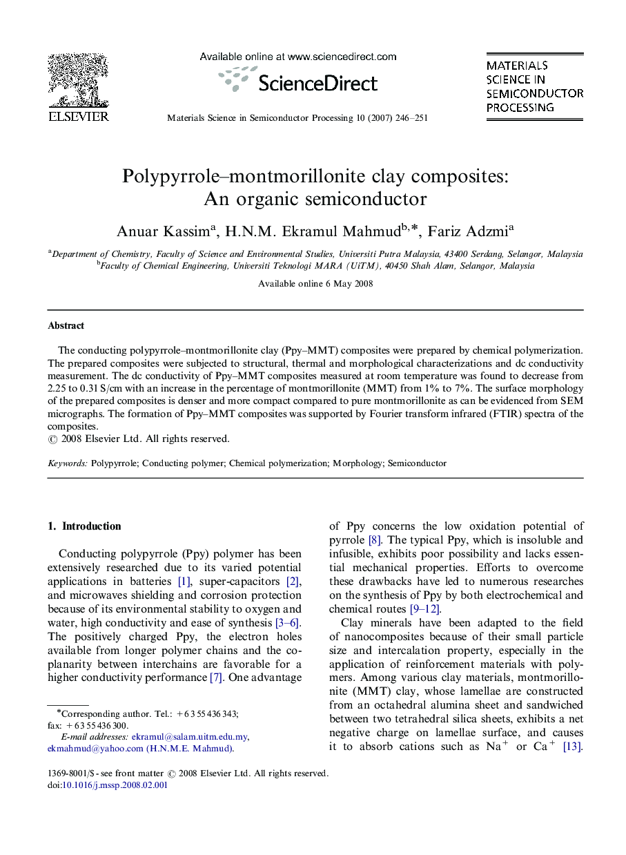 Polypyrrole–montmorillonite clay composites: An organic semiconductor
