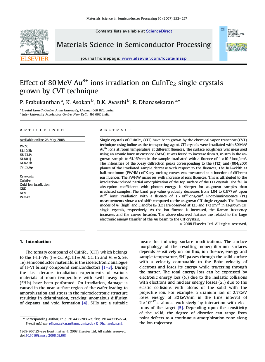 Effect of 80 MeV Au8+ ions irradiation on CuInTe2 single crystals grown by CVT technique