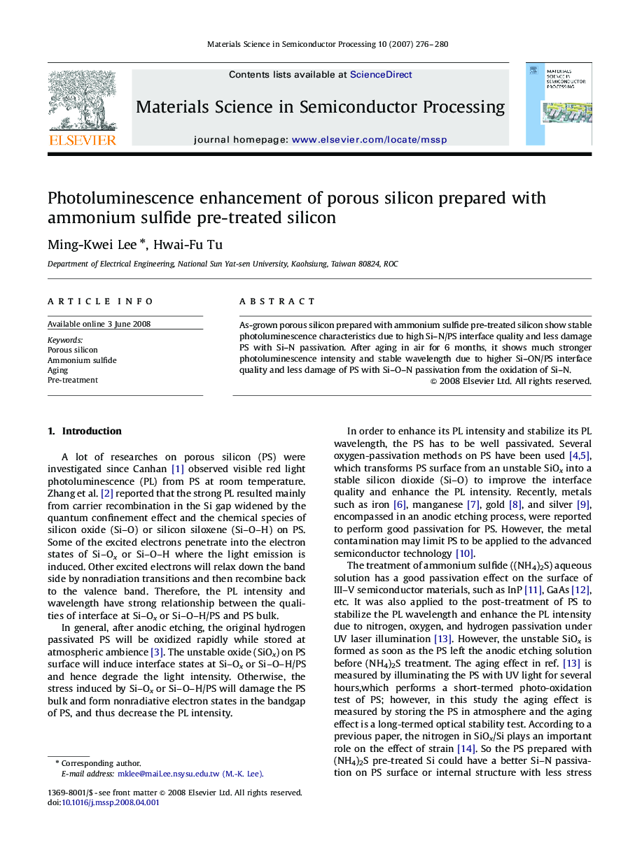 Photoluminescence enhancement of porous silicon prepared with ammonium sulfide pre-treated silicon