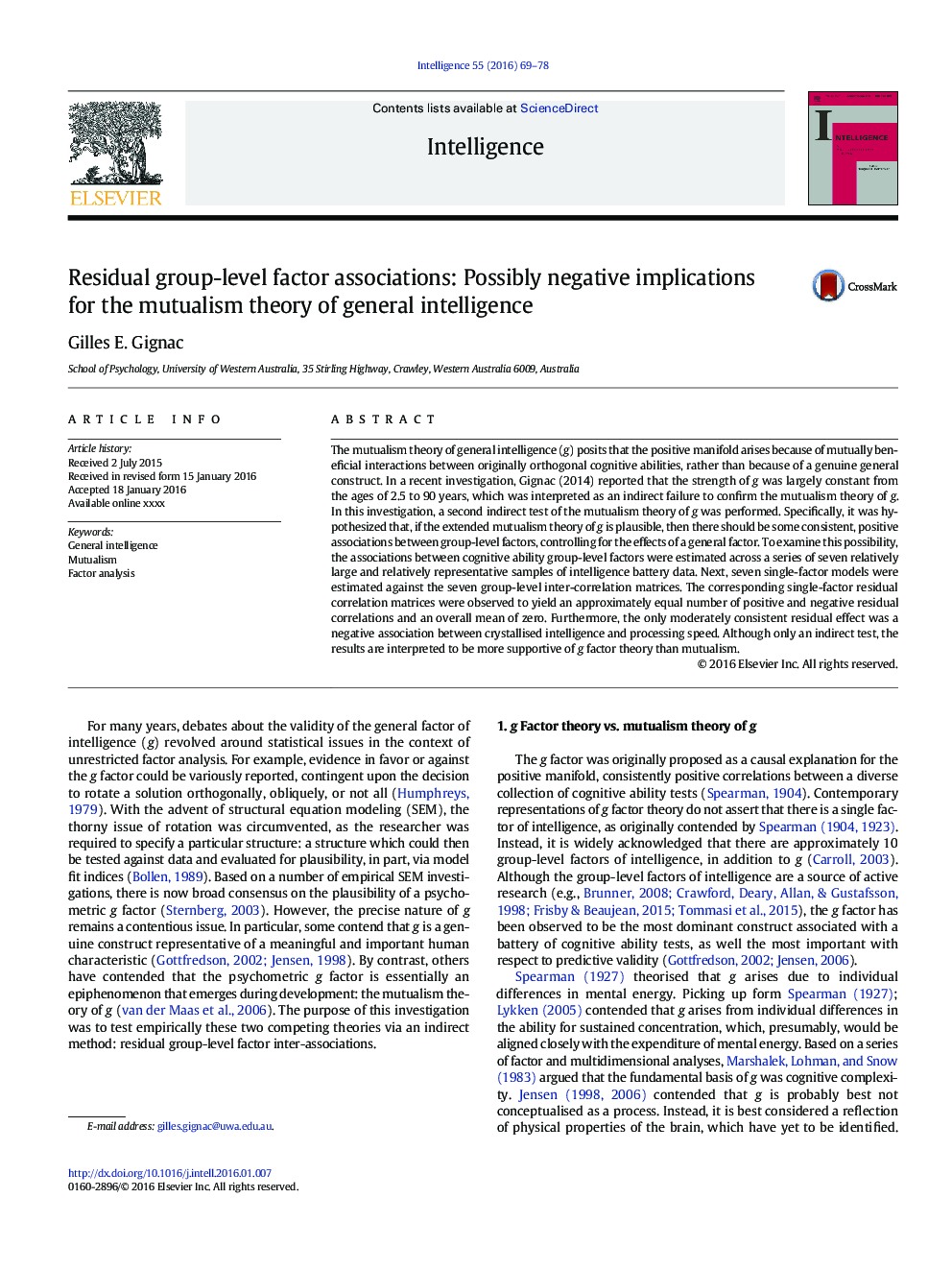 Residual group-level factor associations: Possibly negative implications for the mutualism theory of general intelligence