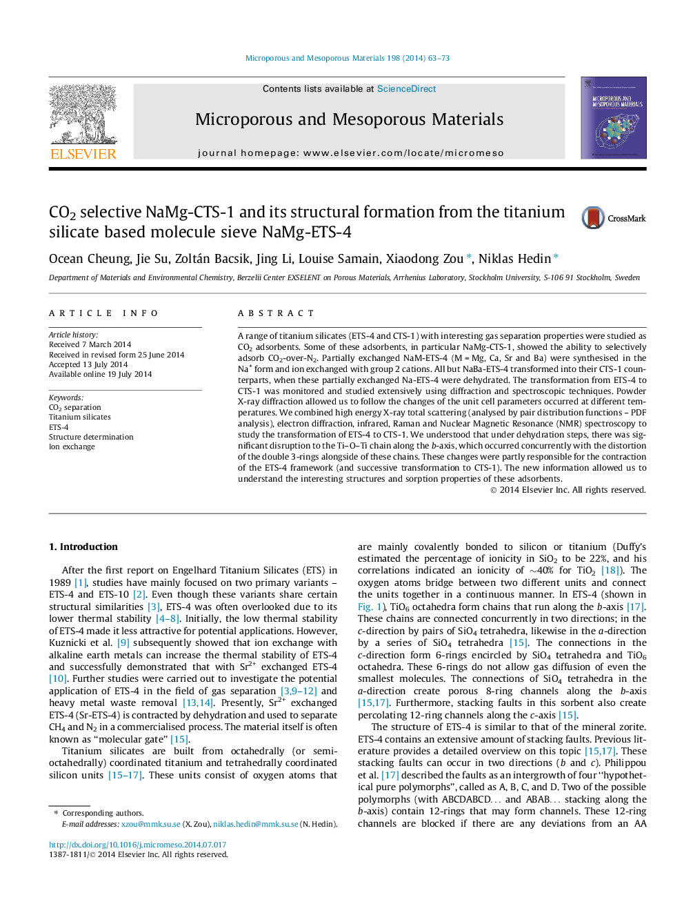 CO2 selective NaMg-CTS-1 and its structural formation from the titanium silicate based molecule sieve NaMg-ETS-4