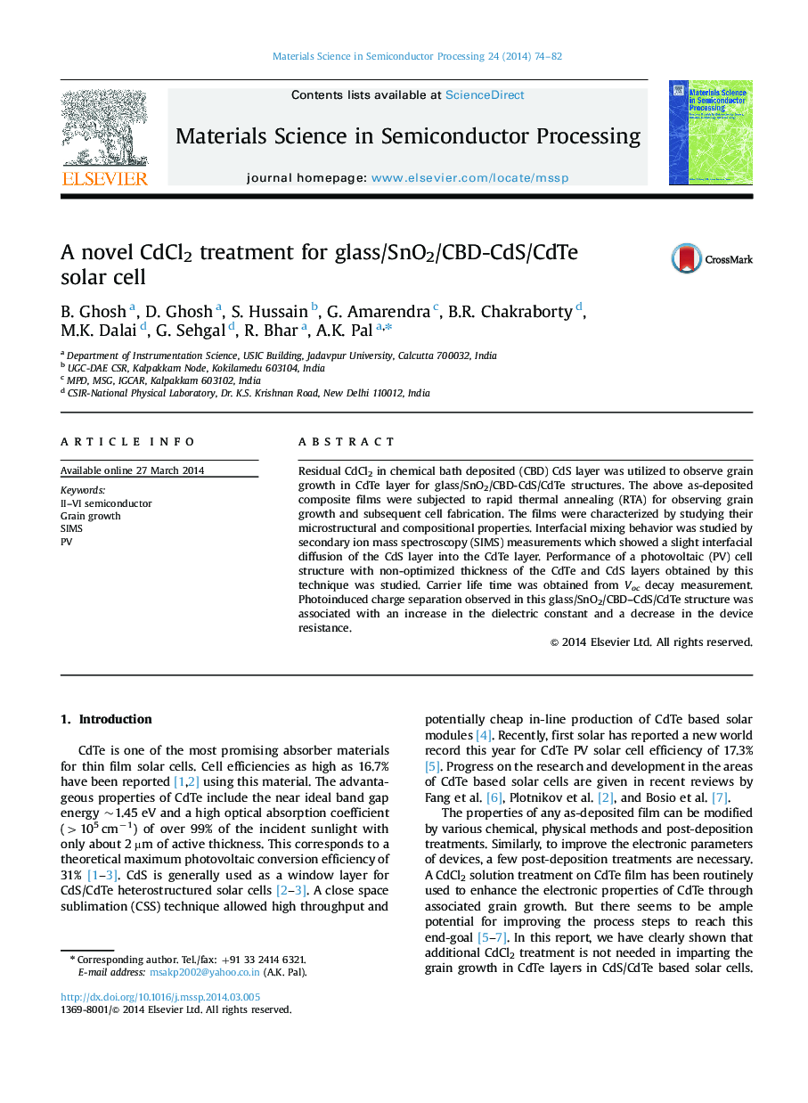 A novel CdCl2 treatment for glass/SnO2/CBD-CdS/CdTe solar cell