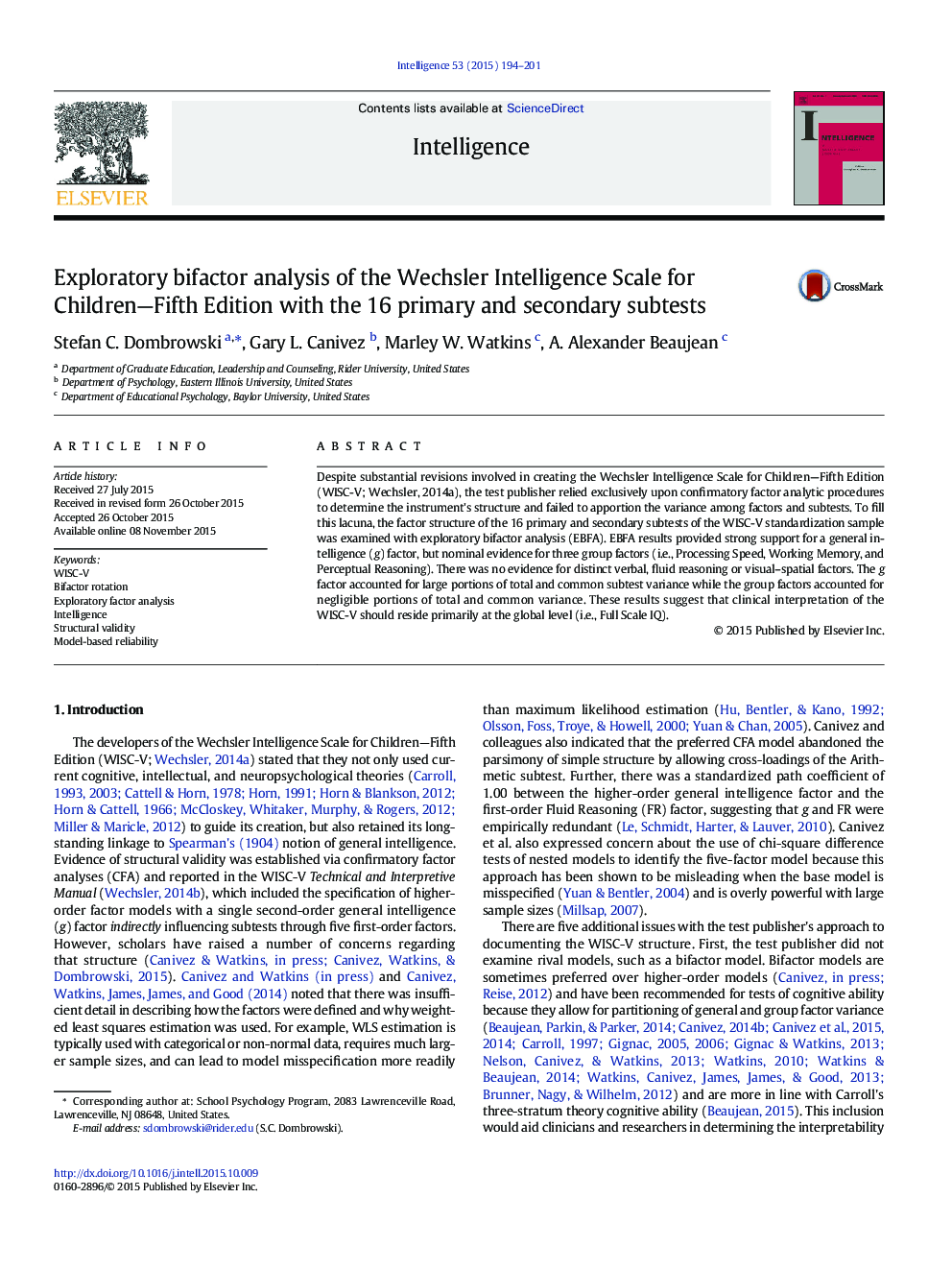 Exploratory bifactor analysis of the Wechsler Intelligence Scale for Children-Fifth Edition with the 16 primary and secondary subtests