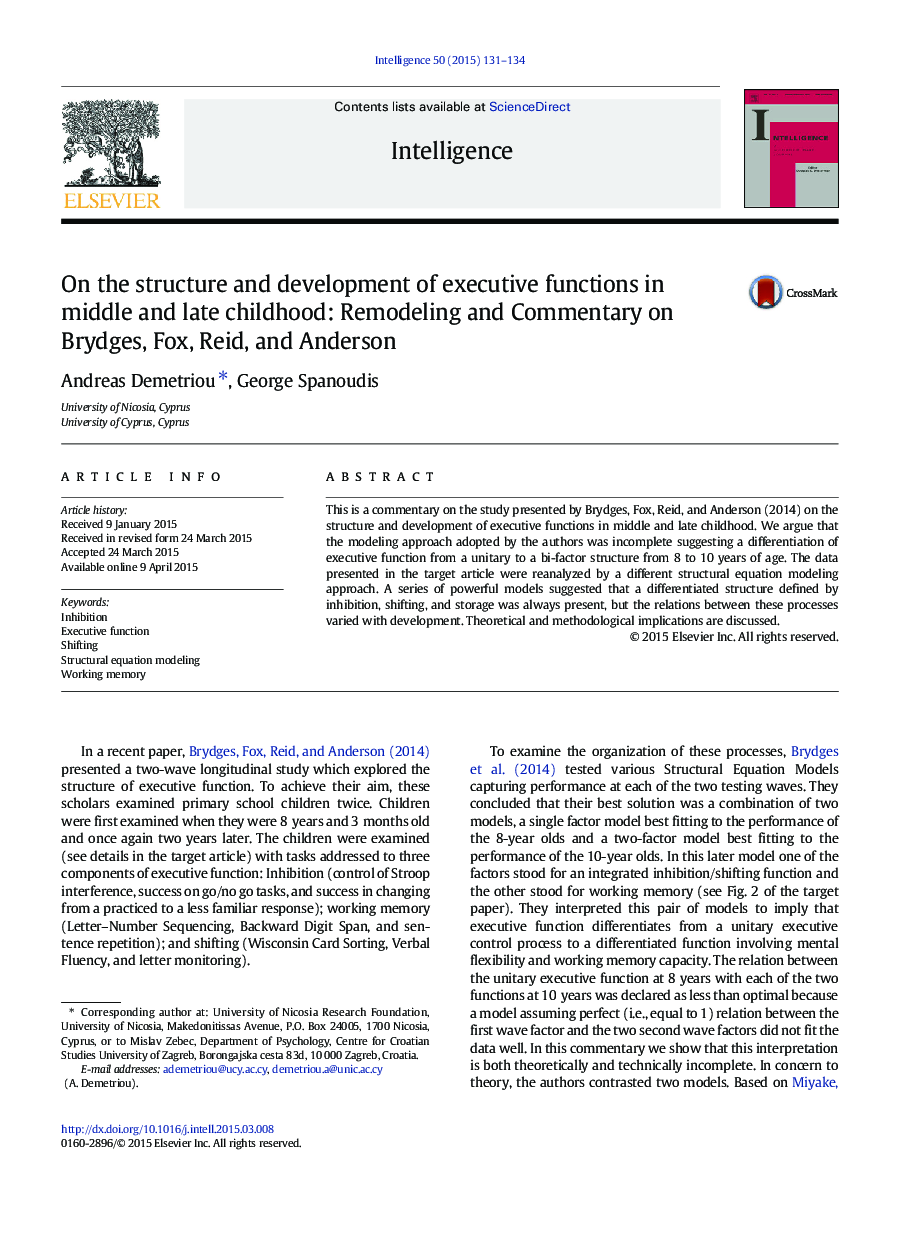 On the structure and development of executive functions in middle and late childhood: Remodeling and Commentary on Brydges, Fox, Reid, and Anderson