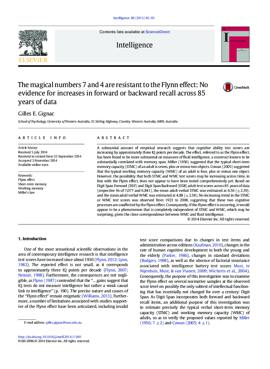 The magical numbers 7 and 4 are resistant to the Flynn effect: No evidence for increases in forward or backward recall across 85 years of data