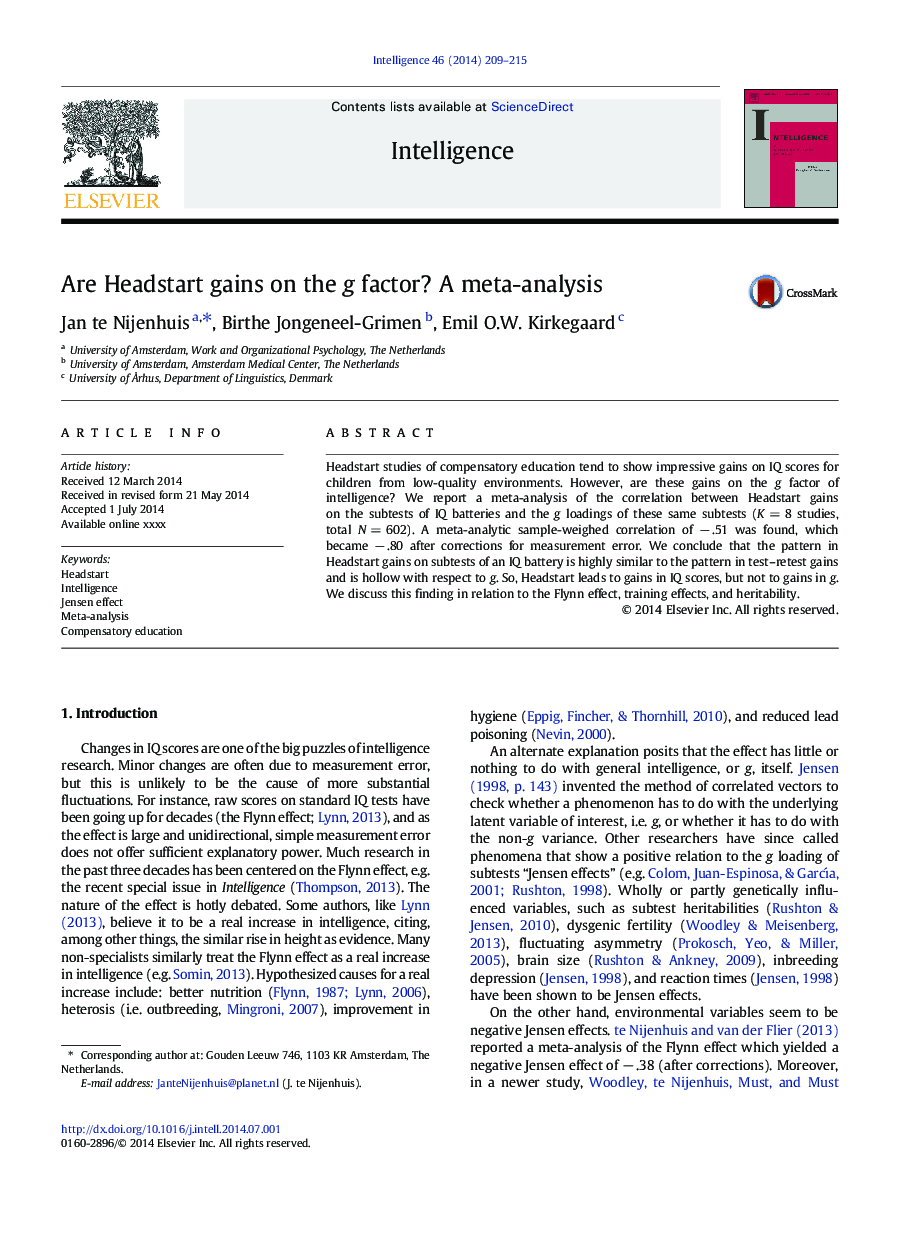 Are Headstart gains on the g factor? A meta-analysis