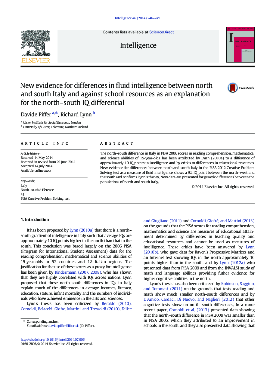 New evidence for differences in fluid intelligence between north and south Italy and against school resources as an explanation for the north-south IQ differential