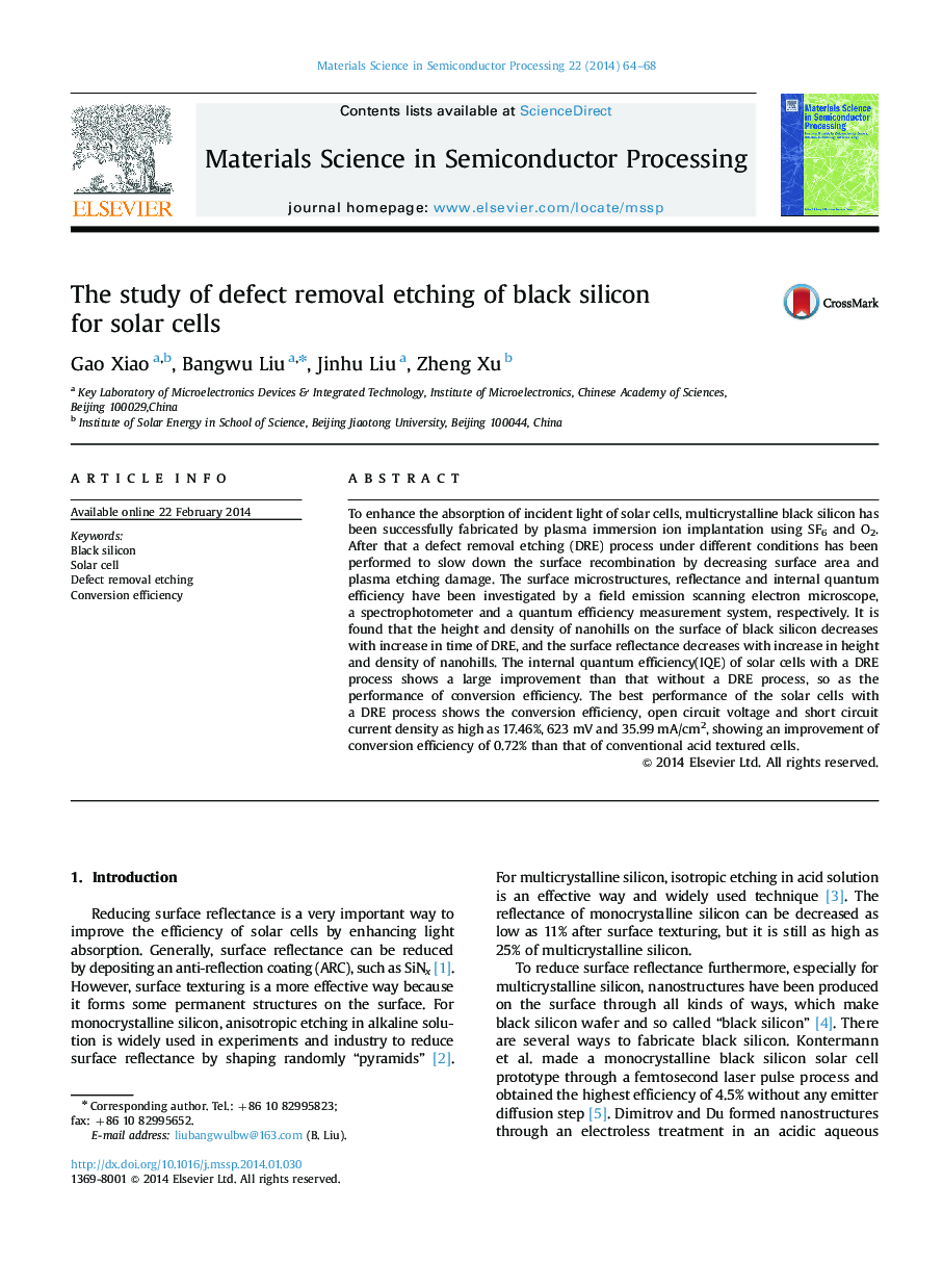 The study of defect removal etching of black silicon for solar cells