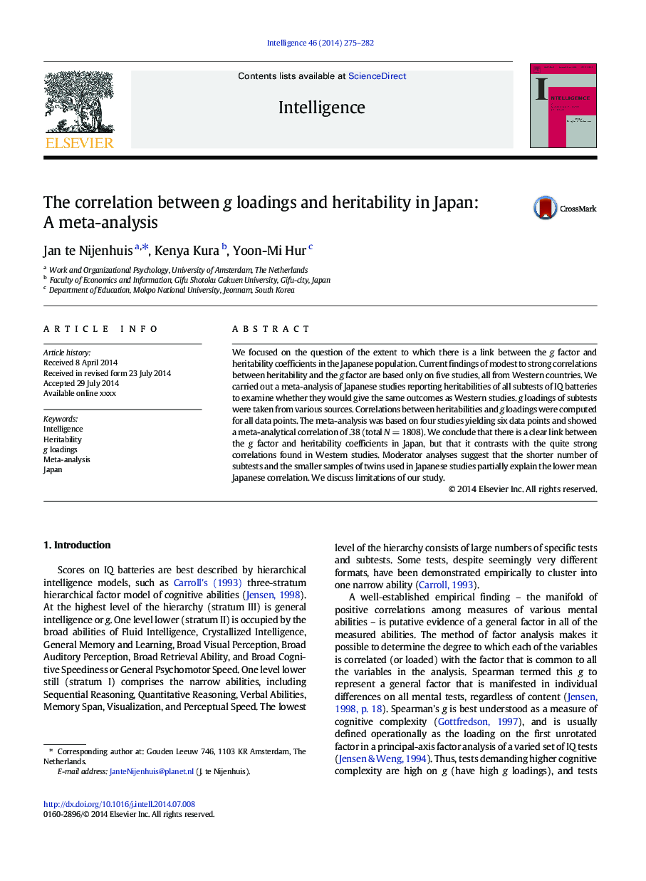 The correlation between g loadings and heritability in Japan: A meta-analysis