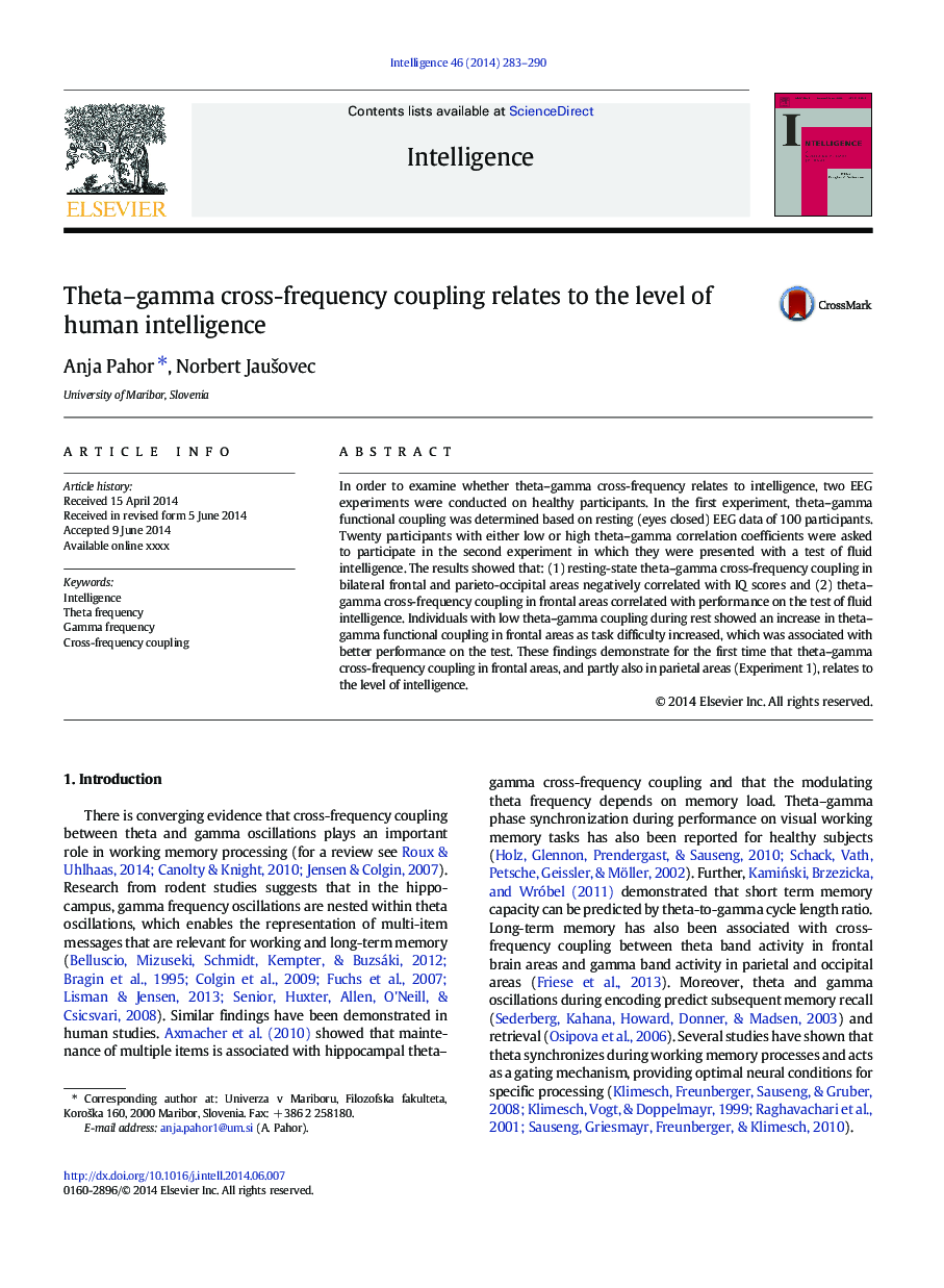 Theta-gamma cross-frequency coupling relates to the level of human intelligence