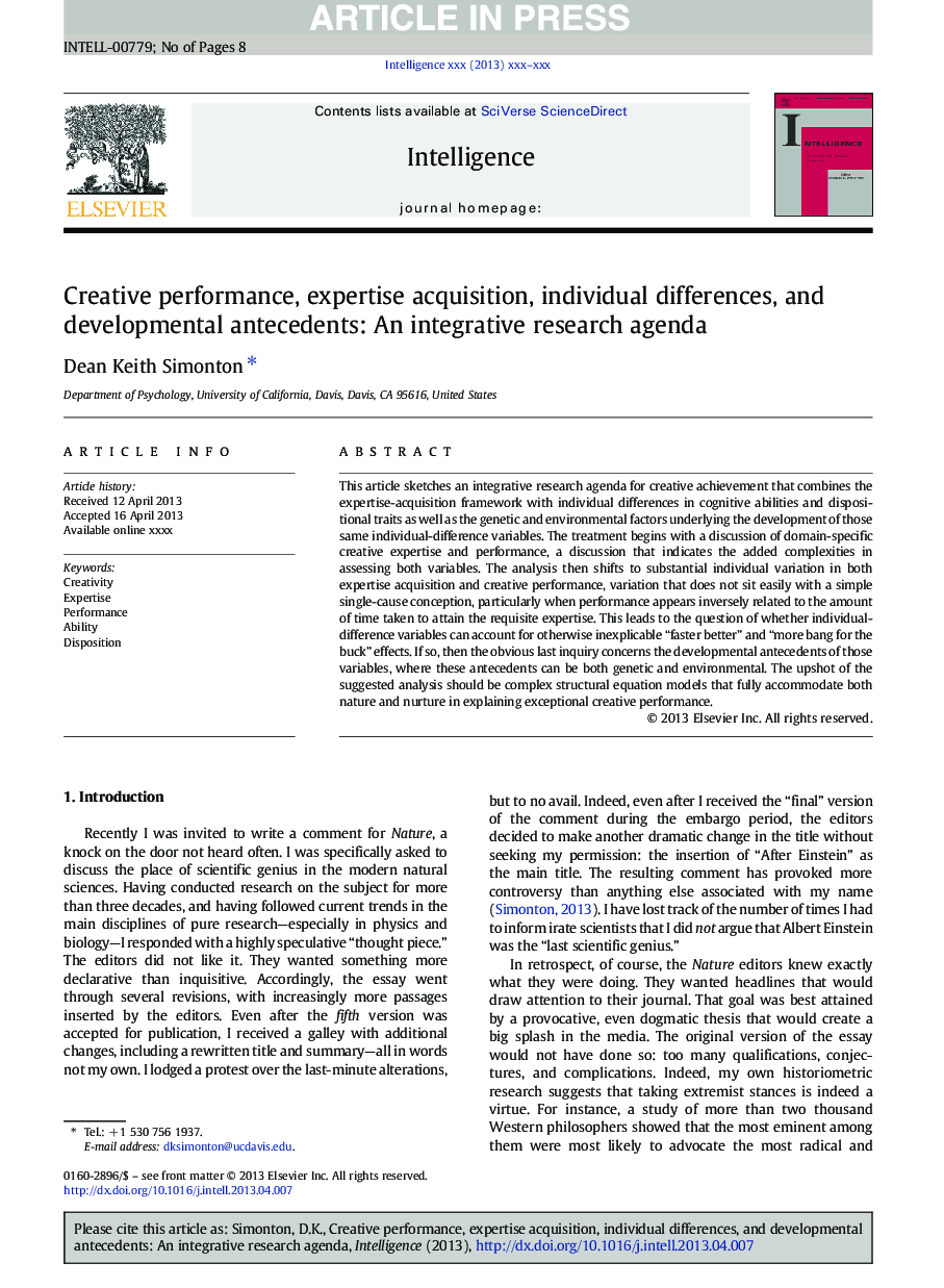 Creative performance, expertise acquisition, individual differences, and developmental antecedents: An integrative research agenda