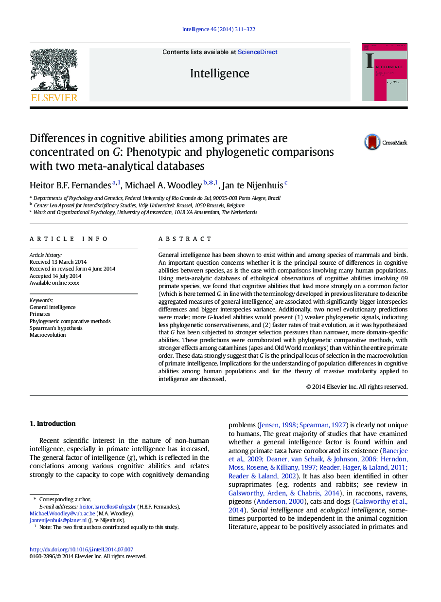 Differences in cognitive abilities among primates are concentrated on G: Phenotypic and phylogenetic comparisons with two meta-analytical databases