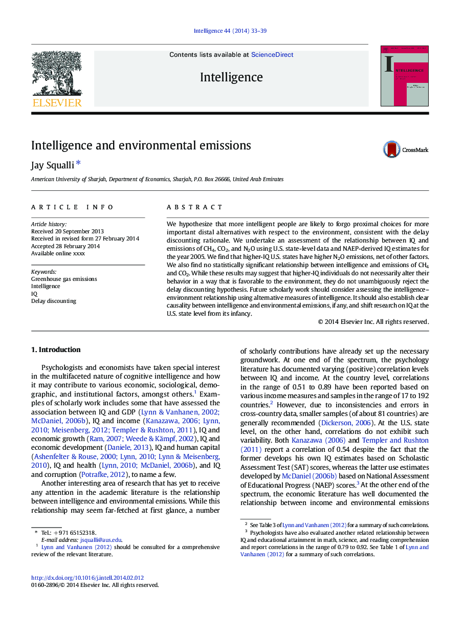 Intelligence and environmental emissions