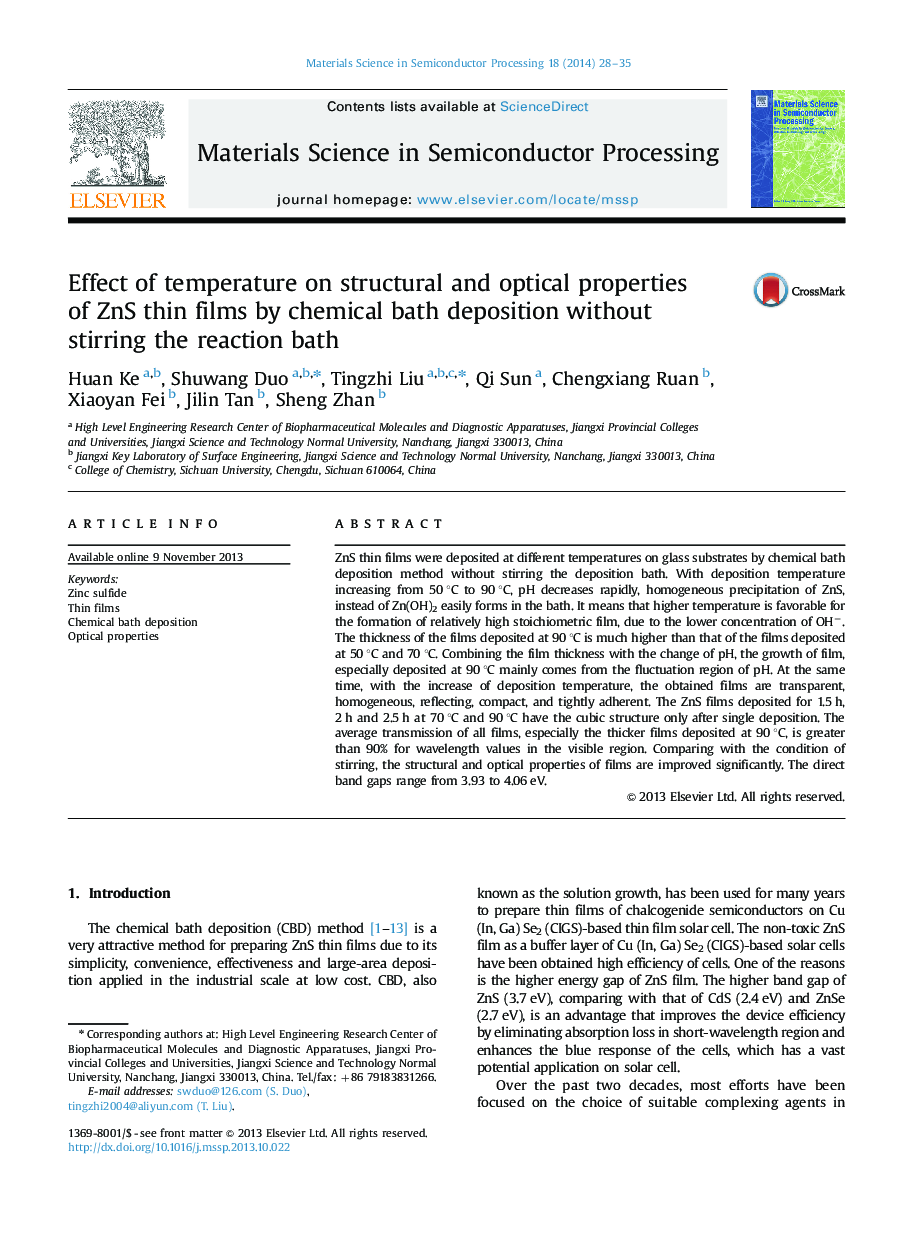 Effect of temperature on structural and optical properties of ZnS thin films by chemical bath deposition without stirring the reaction bath