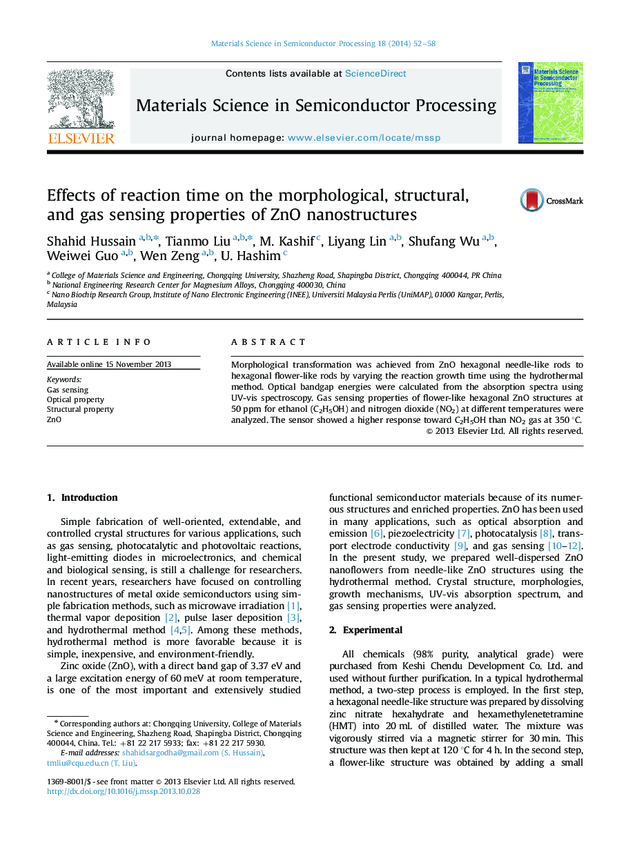 Effects of reaction time on the morphological, structural, and gas sensing properties of ZnO nanostructures