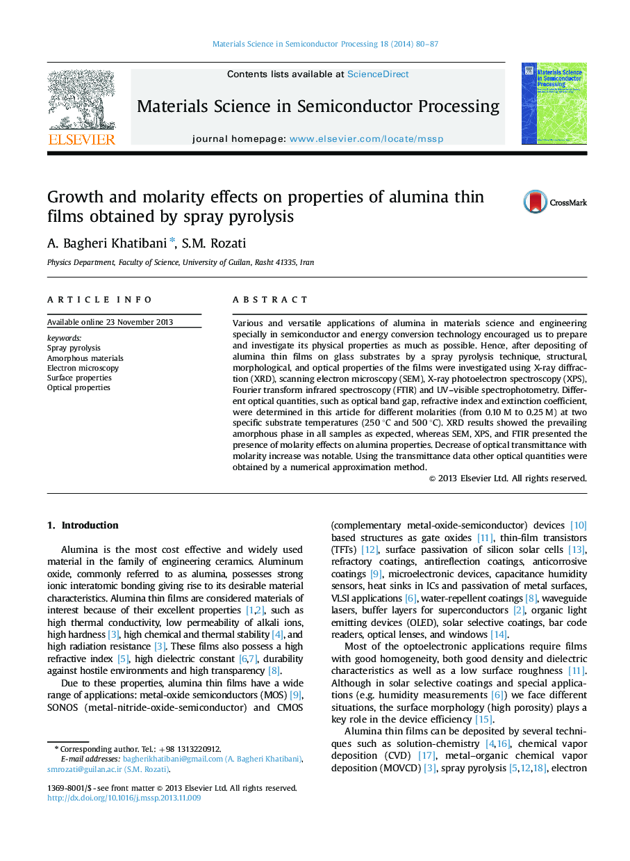 Growth and molarity effects on properties of alumina thin films obtained by spray pyrolysis