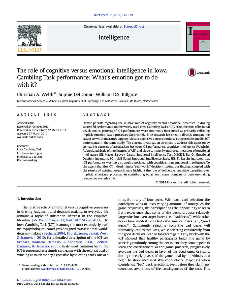 The role of cognitive versus emotional intelligence in Iowa Gambling Task performance: What's emotion got to do with it?