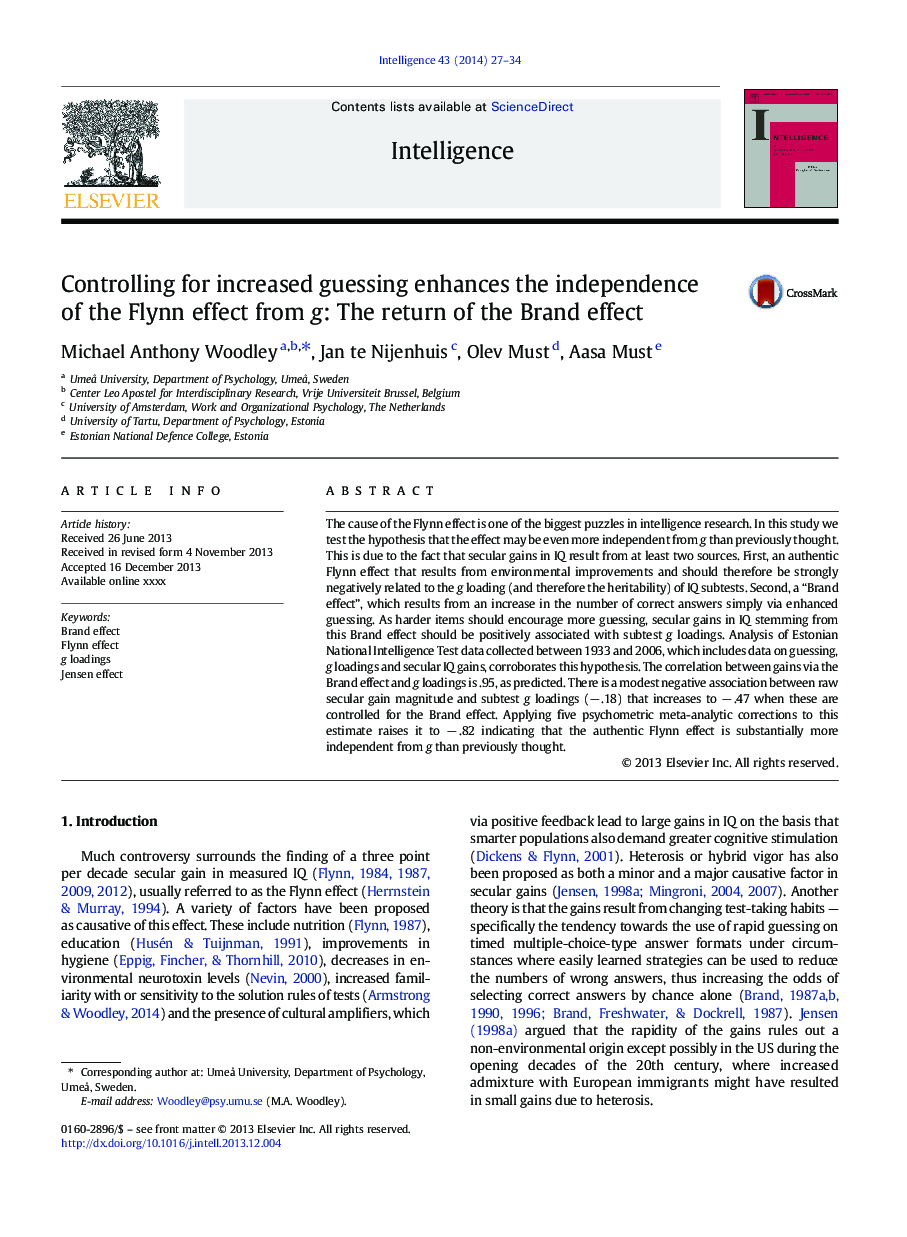 Controlling for increased guessing enhances the independence of the Flynn effect from g: The return of the Brand effect