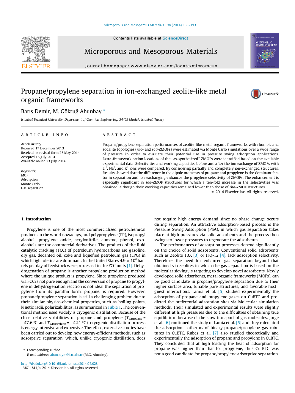 Propane/propylene separation in ion-exchanged zeolite-like metal organic frameworks