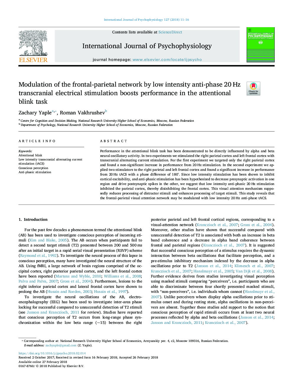 Modulation of the frontal-parietal network by low intensity anti-phase 20â¯Hz transcranial electrical stimulation boosts performance in the attentional blink task