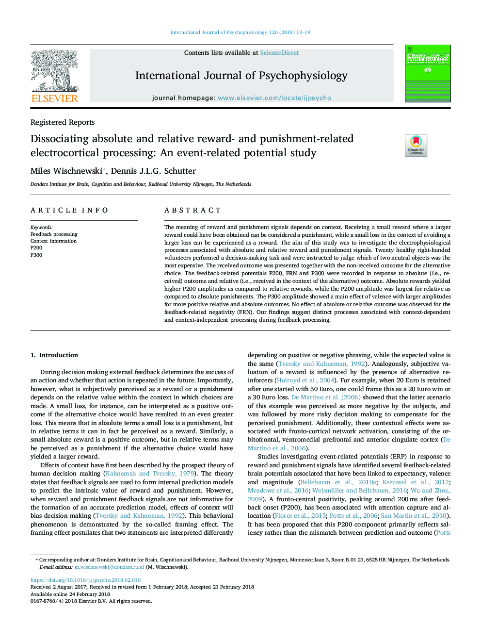 Dissociating absolute and relative reward- and punishment-related electrocortical processing: An event-related potential study