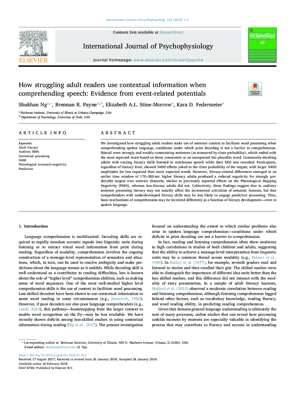 How struggling adult readers use contextual information when comprehending speech: Evidence from event-related potentials