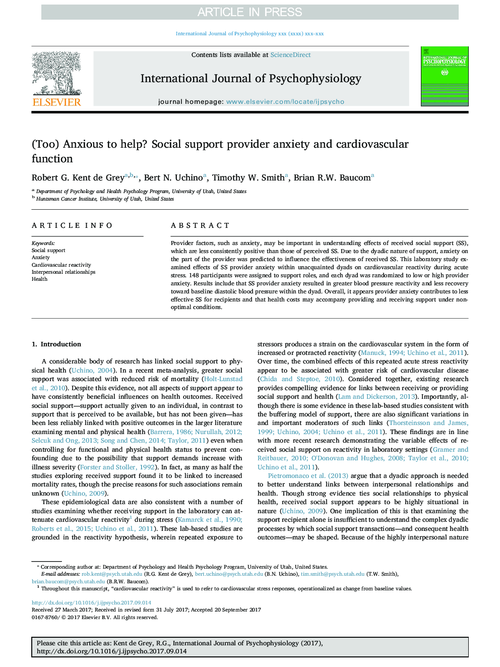 (Too) Anxious to help? Social support provider anxiety and cardiovascular function