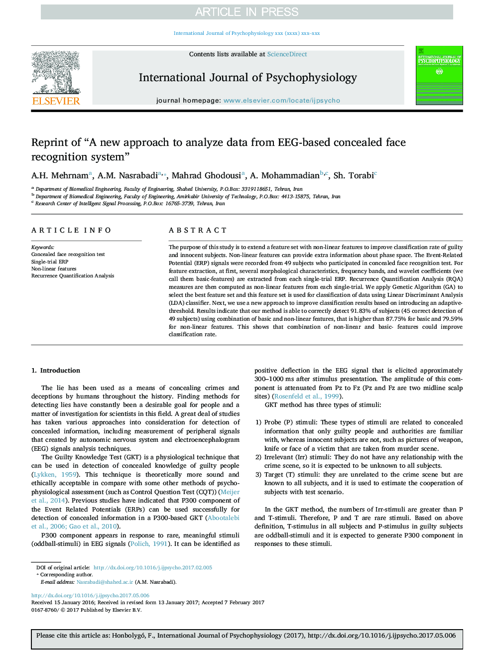 Reprint of “A new approach to analyze data from EEG-based concealed face recognition system”