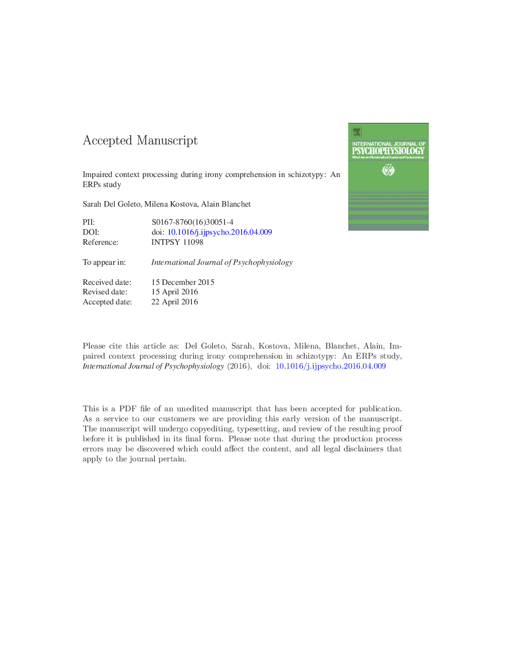 Impaired context processing during irony comprehension in schizotypy: An ERPs study