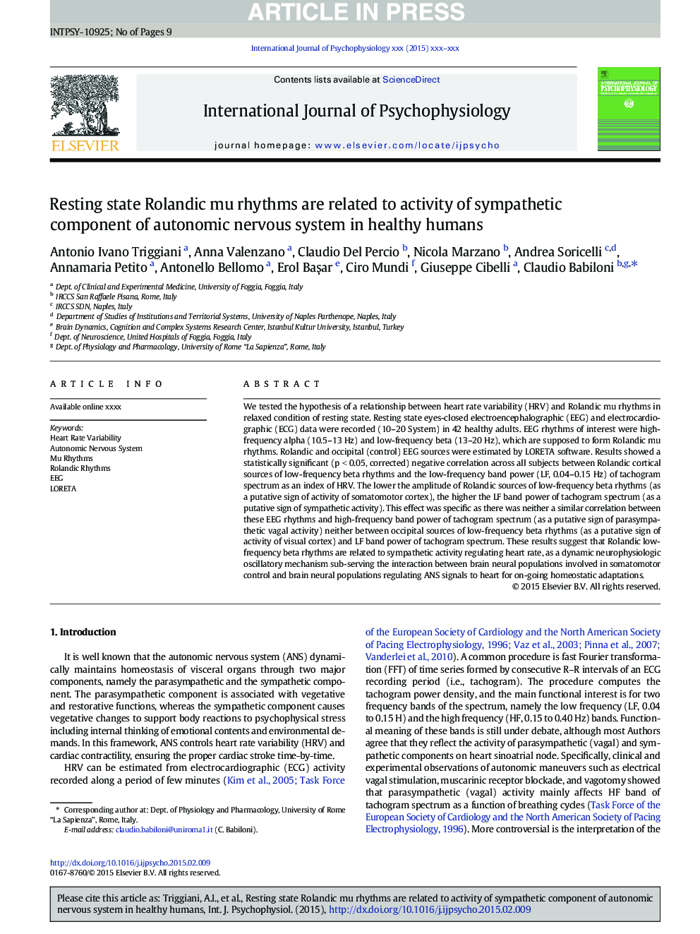 Resting state Rolandic mu rhythms are related to activity of sympathetic component of autonomic nervous system in healthy humans