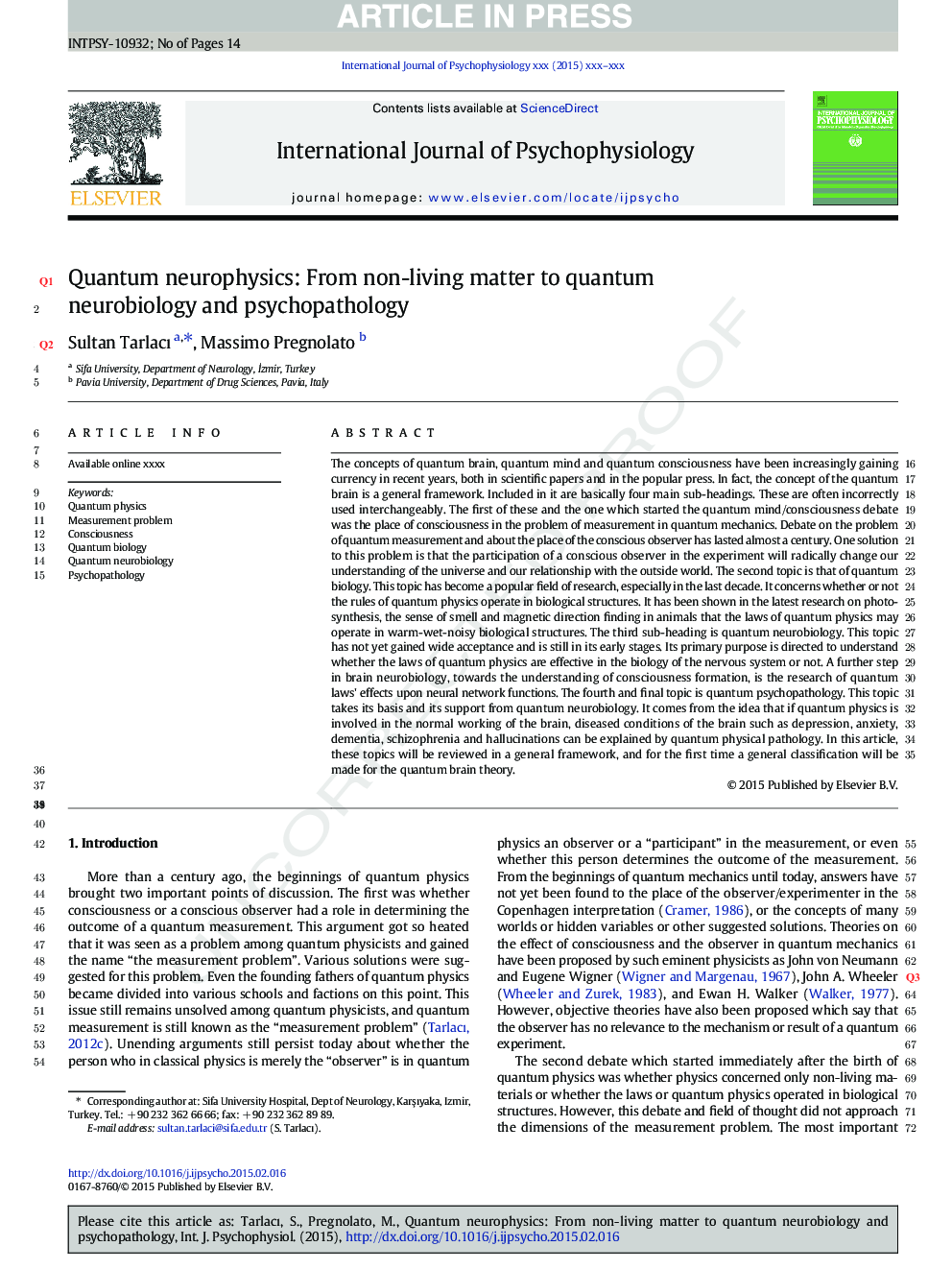 Quantum neurophysics: From non-living matter to quantum neurobiology and psychopathology