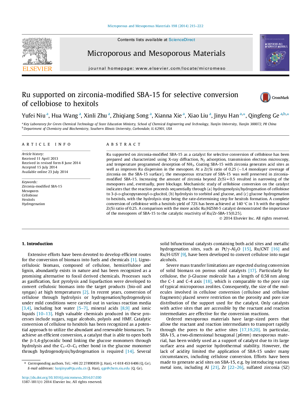 Ru supported on zirconia-modified SBA-15 for selective conversion of cellobiose to hexitols