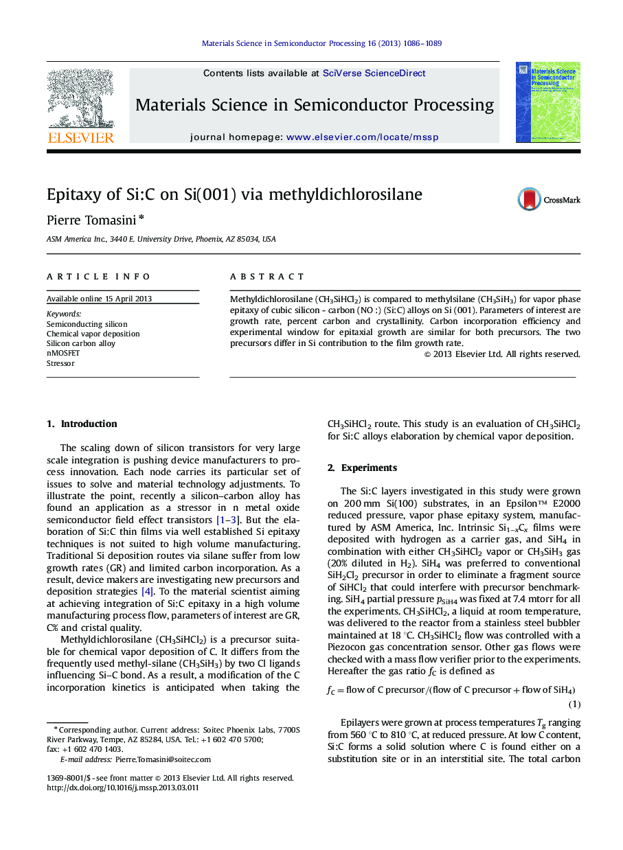 Epitaxy of Si:C on Si(001) via methyldichlorosilane