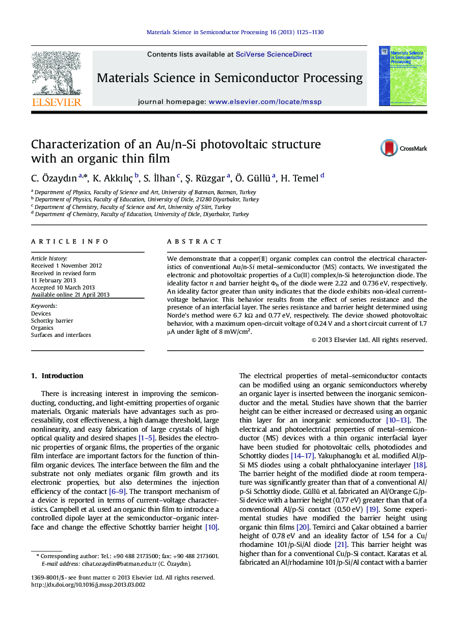 Characterization of an Au/n-Si photovoltaic structure with an organic thin film