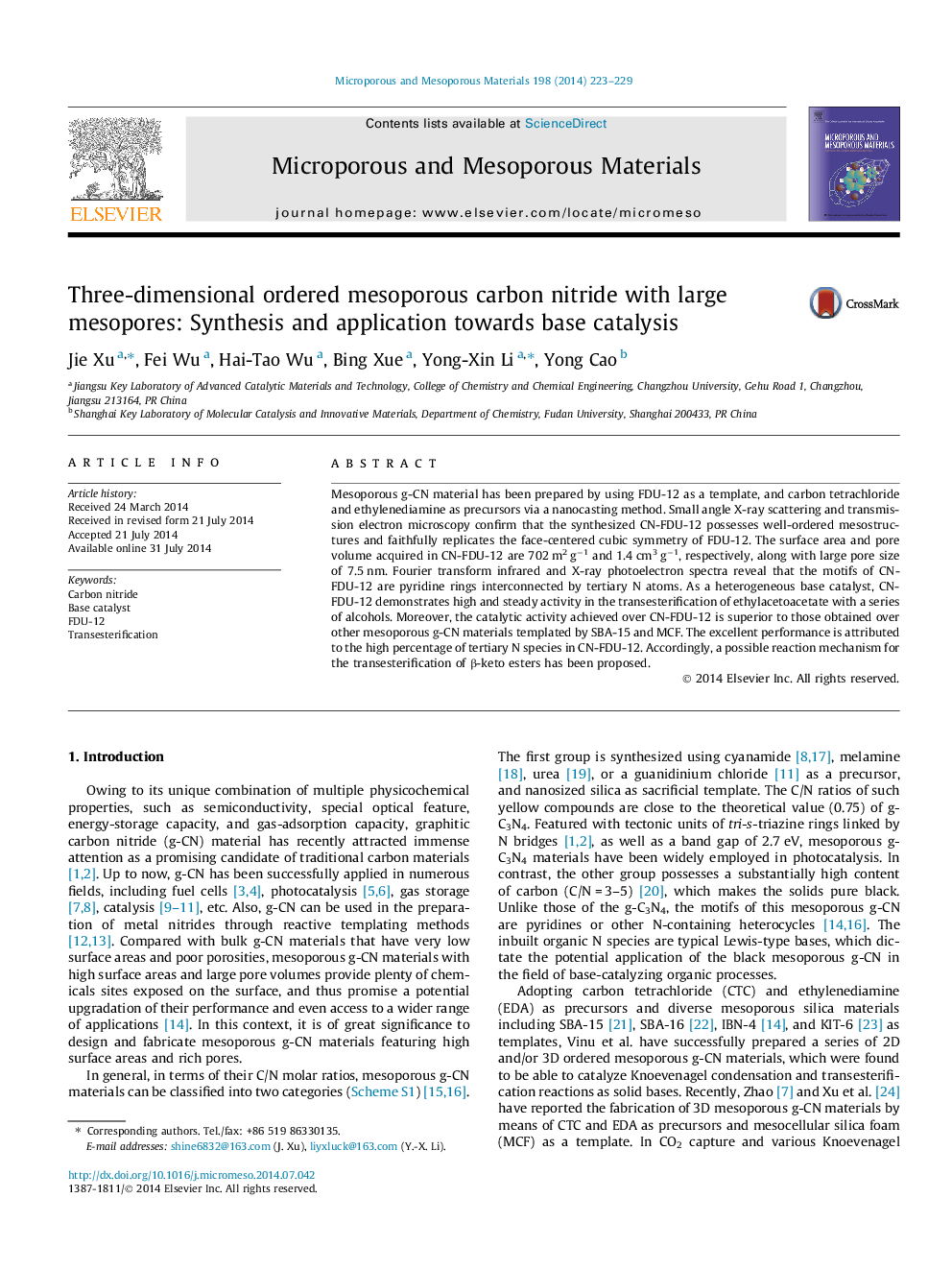 Three-dimensional ordered mesoporous carbon nitride with large mesopores: Synthesis and application towards base catalysis