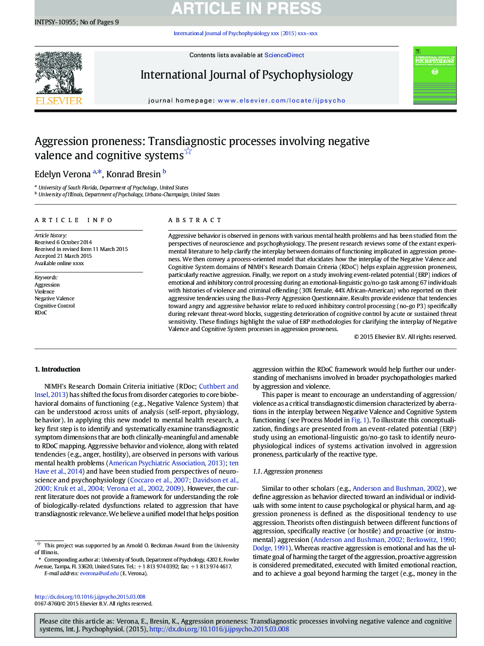 Aggression proneness: Transdiagnostic processes involving negative valence and cognitive systems