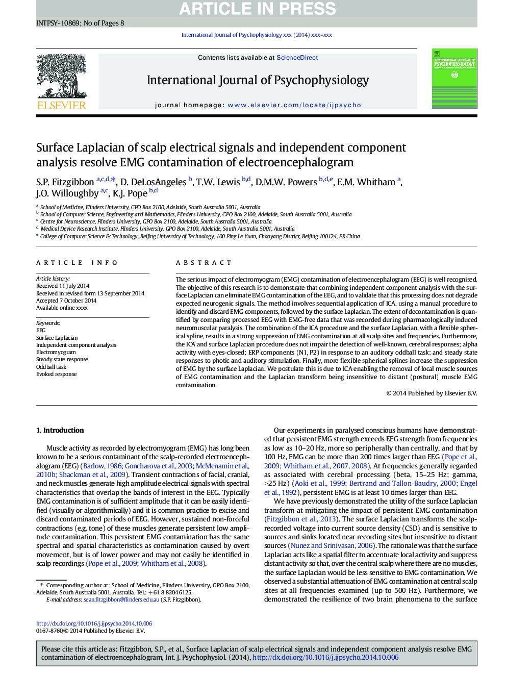 Surface Laplacian of scalp electrical signals and independent component analysis resolve EMG contamination of electroencephalogram