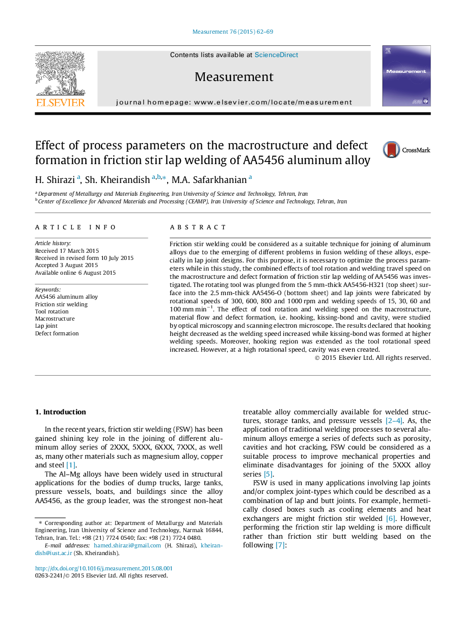 Effect of process parameters on the macrostructure and defect formation in friction stir lap welding of AA5456 aluminum alloy