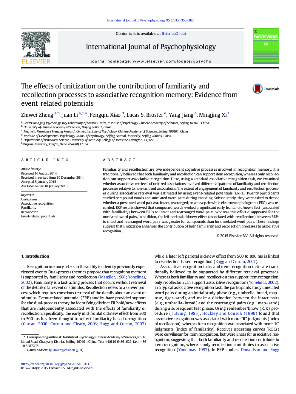 The effects of unitization on the contribution of familiarity and recollection processes to associative recognition memory: Evidence from event-related potentials