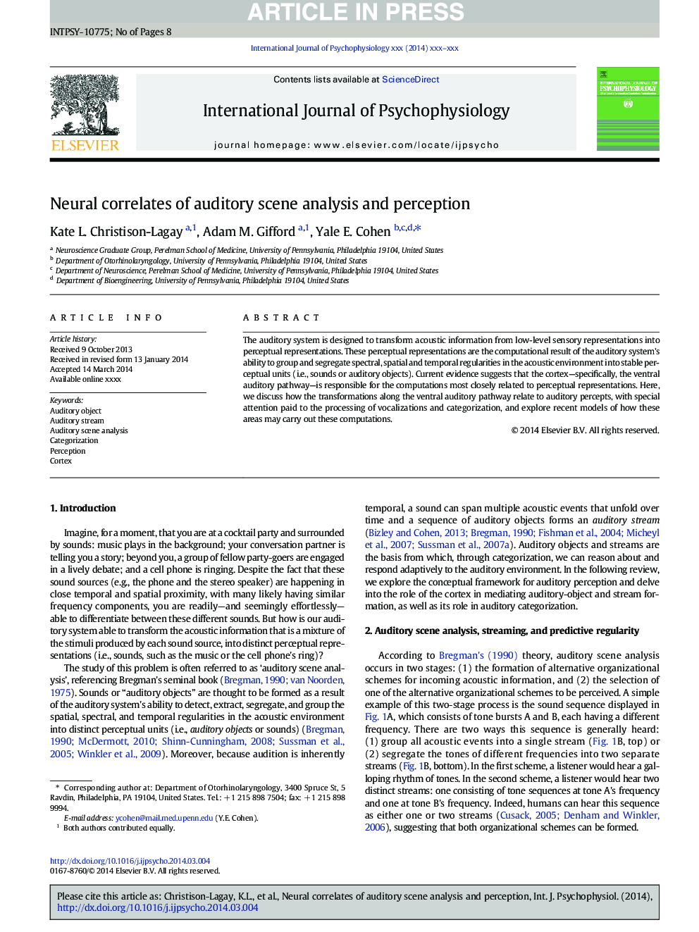 Neural correlates of auditory scene analysis and perception