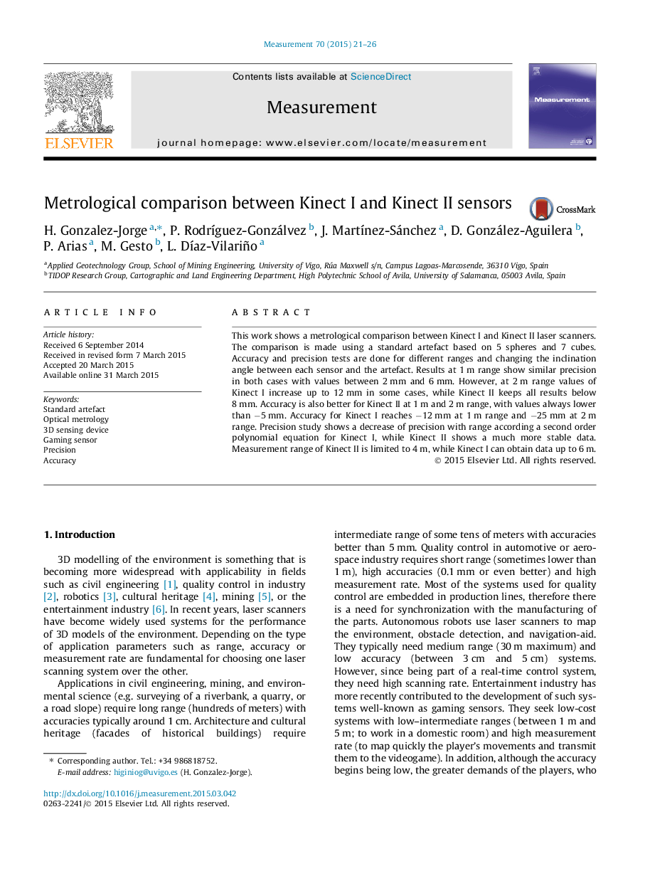 Metrological comparison between Kinect I and Kinect II sensors